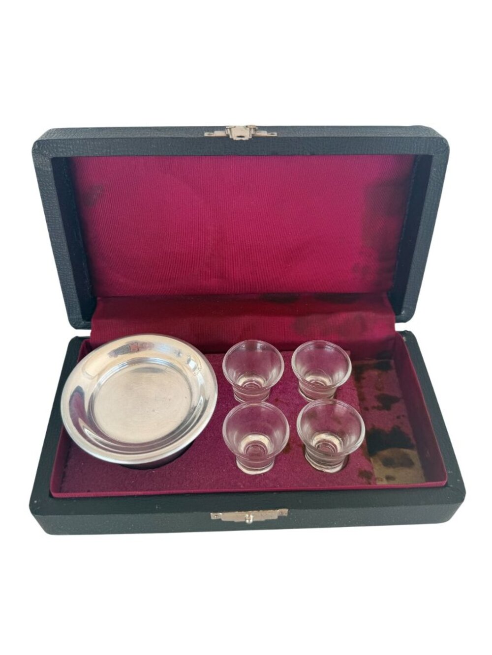 Vintage Portable Travel Communion Set 4 Glass Cups Silver-Tone Paten Velvet Case